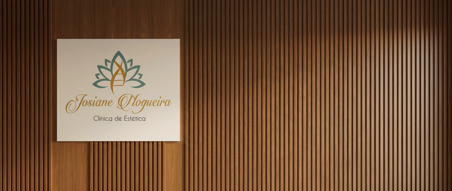 Parede ripada em madeira da Clínica Josiane Nogueira com a placa da marca